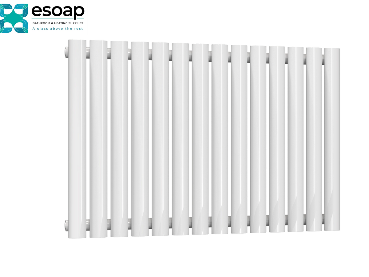 A white vertical-bar radiator shown from a front angle on a plain white background, with the Esoap logo in the top-left corner Reina Neva Horizontal Single 550x826 White Designer Radiator