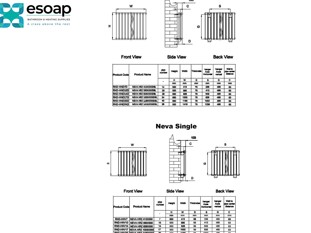 Technical specification sheet for the Esoap Neva Single radiator, showing front, side, and back views with dimensions, plus a product code table on a white background Reina Neva Horizontal Single Double  Designer Radiator