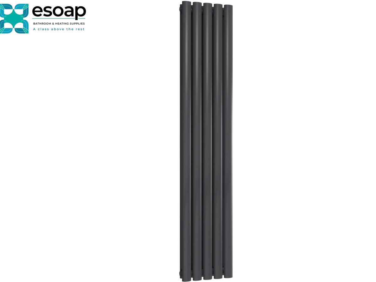 A dark gray multi-arm radiator with six vertical tubes, shown against a plain white background with the Esoap brand logo in the top-left corner Reina Neva Vertical Double 1500x354 Anthracite Designer Radiator