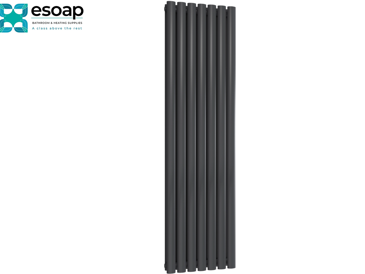 A tall, narrow dark gray radiator with a modern multi-bar design, shown vertically on a plain white background with the Esoap brand logo in the top-left corner Reina Neva Vertical Double 1500x413 Anthracite Designer Radiator