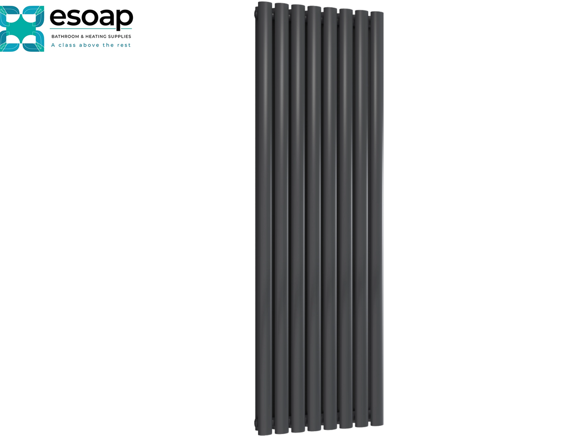 A tall, modern multi-panel radiator in dark gray, shown vertically against a plain white background. The Esoap brand logo is visible in the top-left corner Reina Neva Vertical Double 1500x472 Anthracite Designer Radiator