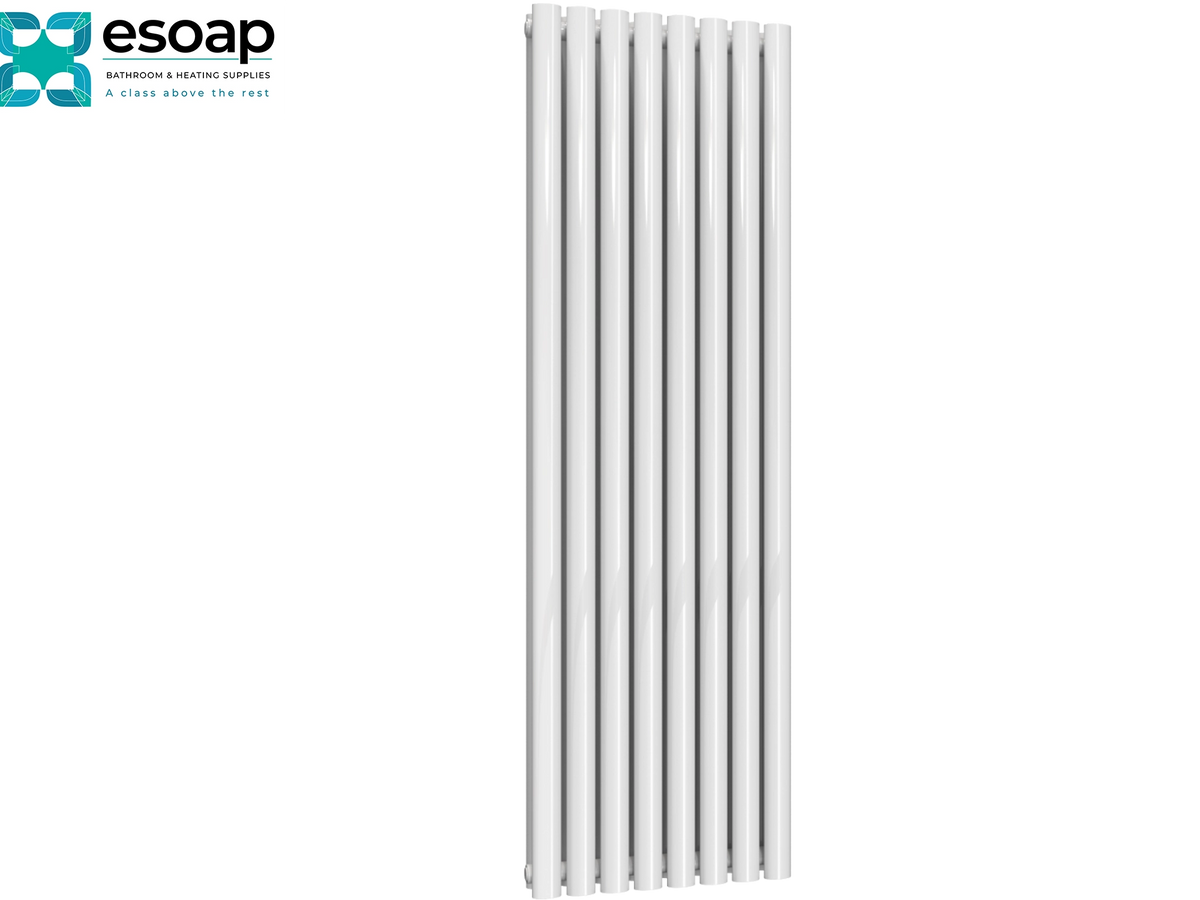 A tall white panel radiator shown against a plain white background, with the Esoap brand logo in the top-left corner Reina Neva Vertical Double 1500x472 White Designer Radiator