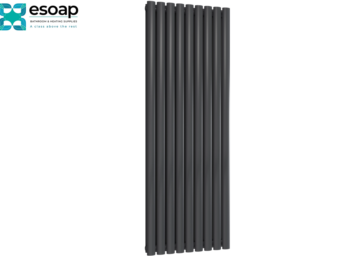 A tall, modern vertical radiator with a dark gray fluted finish, shown against a plain white background with the Esoap brand logo in the top-left corner Reina Neva Vertical Double 1500x531 Anthracite Designer Radiator