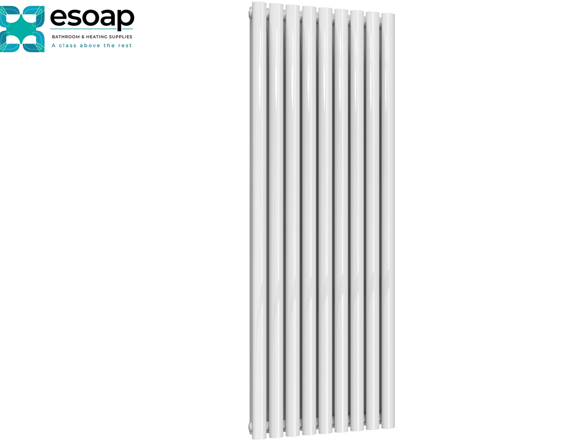 A tall, white multi-bar radiator shown on a plain white background, with the esoap brand logo in the top-left corner Reina Neva Vertical Double 1500x531 White Designer Radiator