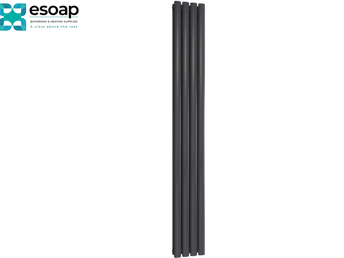 A tall, narrow black radiator with five vertical tubes, shown on a plain white background with the esoap brand logo in the top-left corner Reina Neva Vertical Double 1800x236 Anthracite Designer Radiator