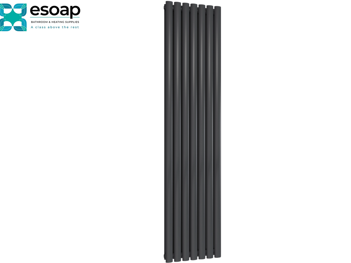 A tall, modern multi-panel vertical radiator in matte black, shown against a plain white background with the essoap brand logo in the top-left corner Reina Neva Vertical Double 1800x413 Anthracite Designer Radiator