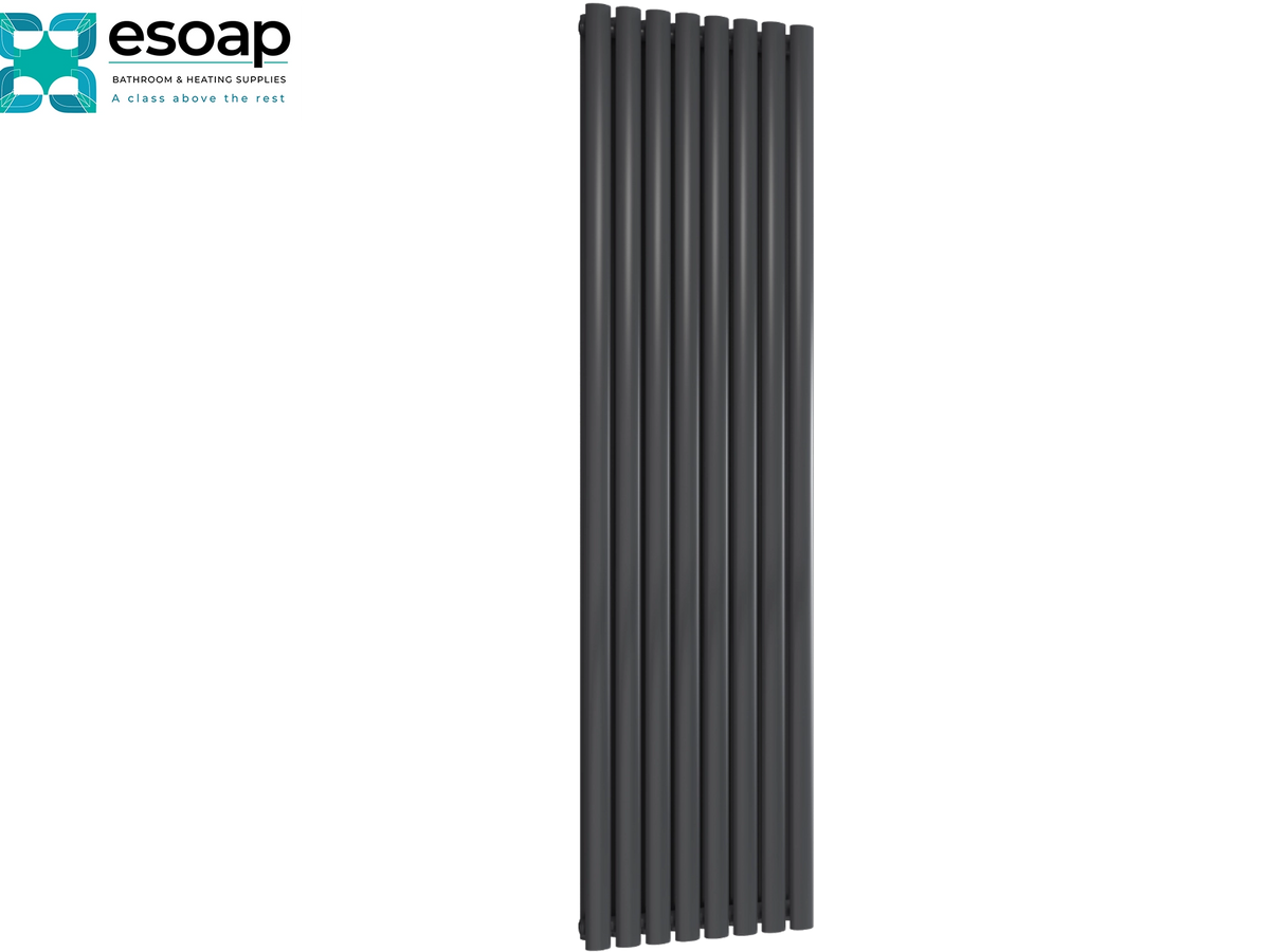 A tall, modern multi-panel radiator in a dark charcoal gray finish, shown vertically against a plain white background. The Esoap brand logo is visible in the top-left corner Reina Neva Vertical Double 1800x472 Anthracite Designer Radiator