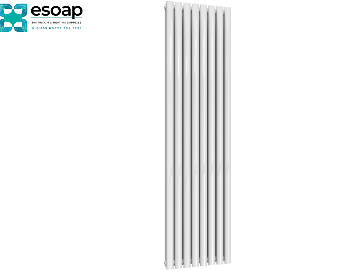 A tall white panel radiator shown vertically against a plain white background, with the Esoap brand logo in the top-left corner Reina Neva Vertical Double 1800x472 White Designer Radiator