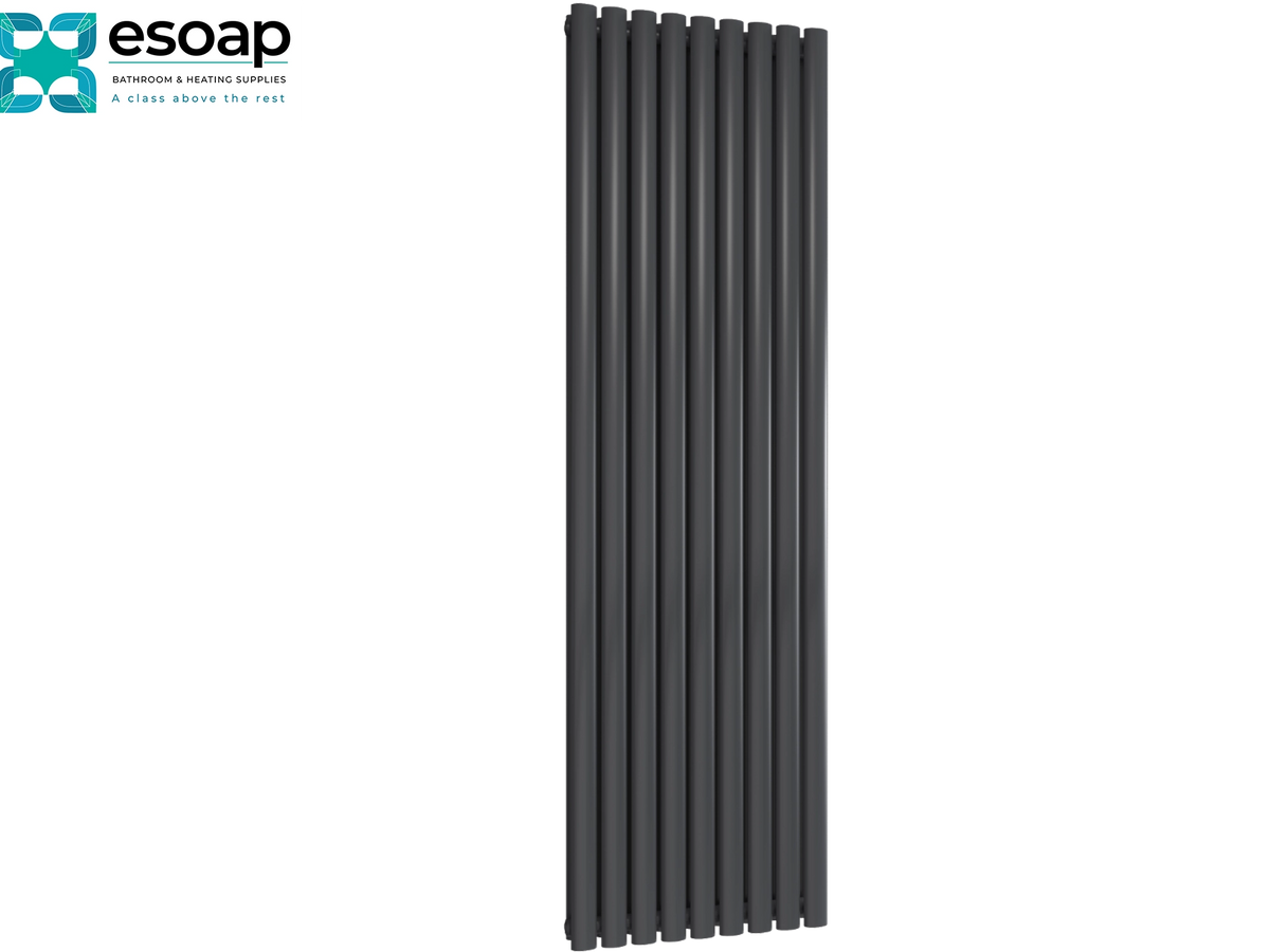 A tall, modern multi-bar radiator in matte black, shown vertically against a plain white background with the Esoap brand logo in the top-left corner Reina Neva Vertical Double 1800x531 Anthracite Designer Radiator