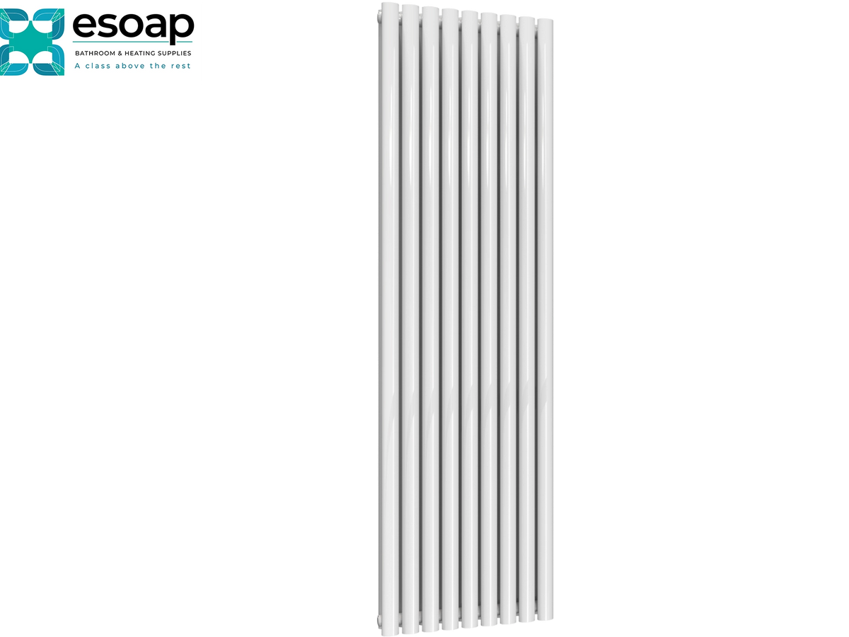 A tall white panel radiator with multiple vertical fins, shown against a plain white background with the Esoap brand logo in the top-left corner Reina Neva Vertical Double 1800x531 White Designer Radiator