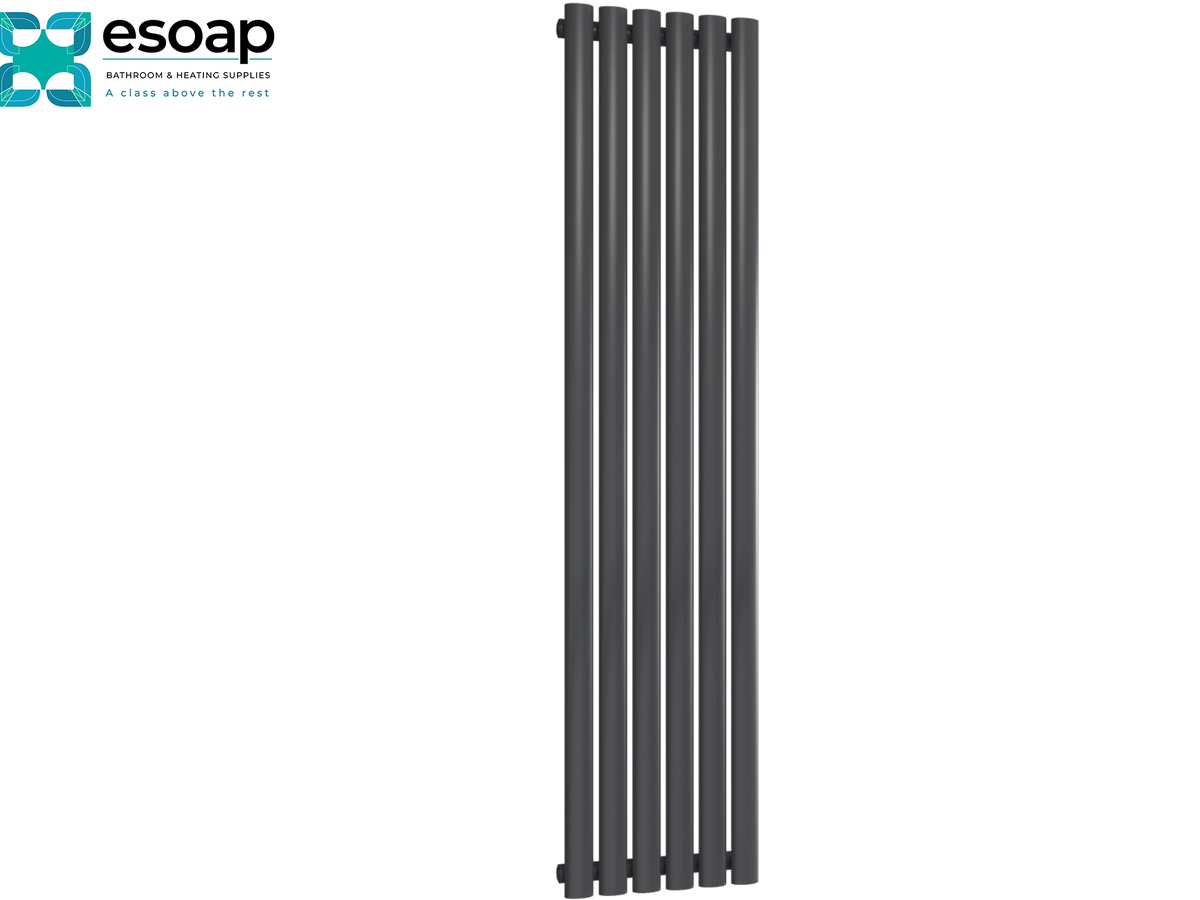 A tall, narrow matte black vertical panel radiator shown on a plain white background, with the Esoap logo in the top-left corner Reina Neva Vertical Single 1500x354 Anthracite Designer Radiator