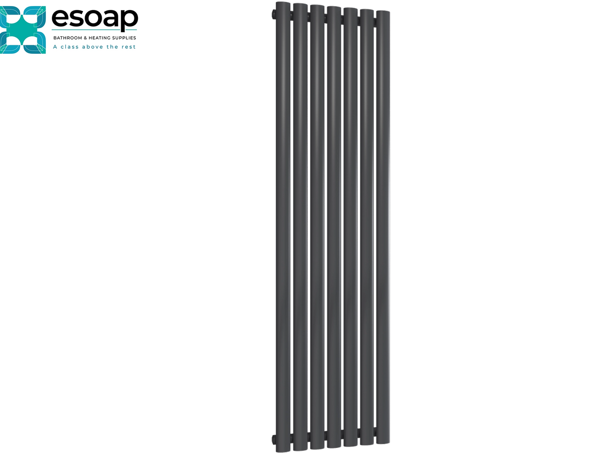 Reina Neva Vertical Single 1500x413 Anthracite Designer Radiator featuring esoap logo
