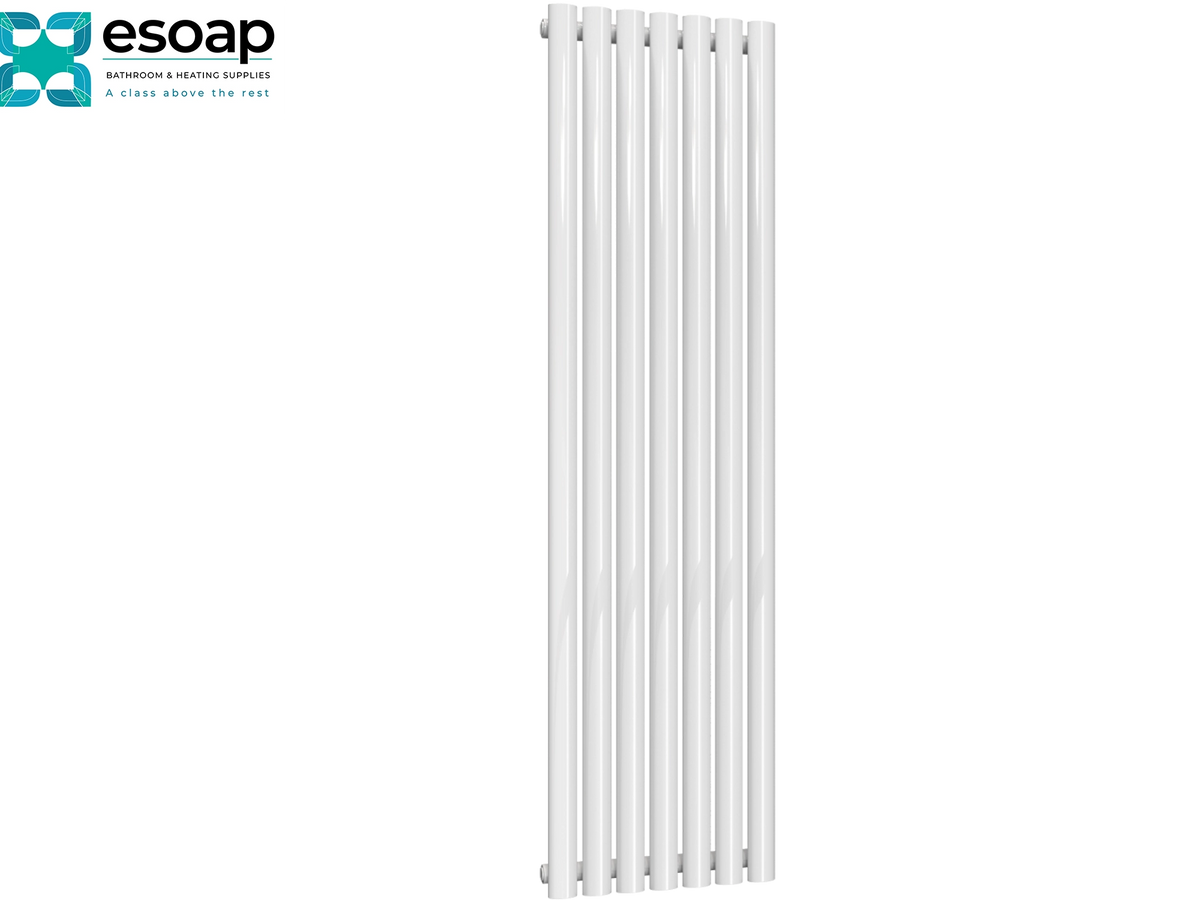 A tall white panel radiator shown against a plain white background, with the essoap logo in the top-left corner Reina Neva Vertical Single 1500x413 White Designer Radiator