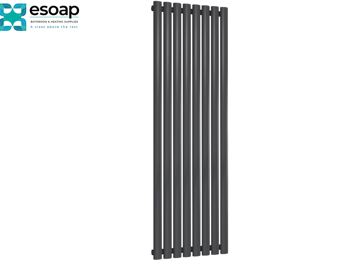 A dark gray vertical slatted radiator or wall-mounted heating panel shown on a plain white background, with the Esoap logo in the top-left corner Reina Neva Vertical Single 1500x472 Anthracite Designer Radiator