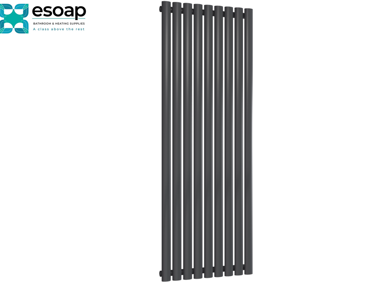 A tall, modern vertical radiator with dark gray horizontal bars, shown on a plain white background with the Esoap brand logo in the top-left corner Reina Neva Vertical Single 1500x531 Anthracite Designer Radiator