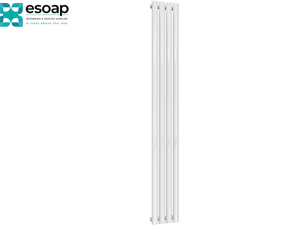 A tall, slim white radiator with multiple vertical bars, shown against a plain white background. The Esoap brand logo is visible in the top-left corner Reina Neva Vertical Single 1800x236 White Designer Radiator