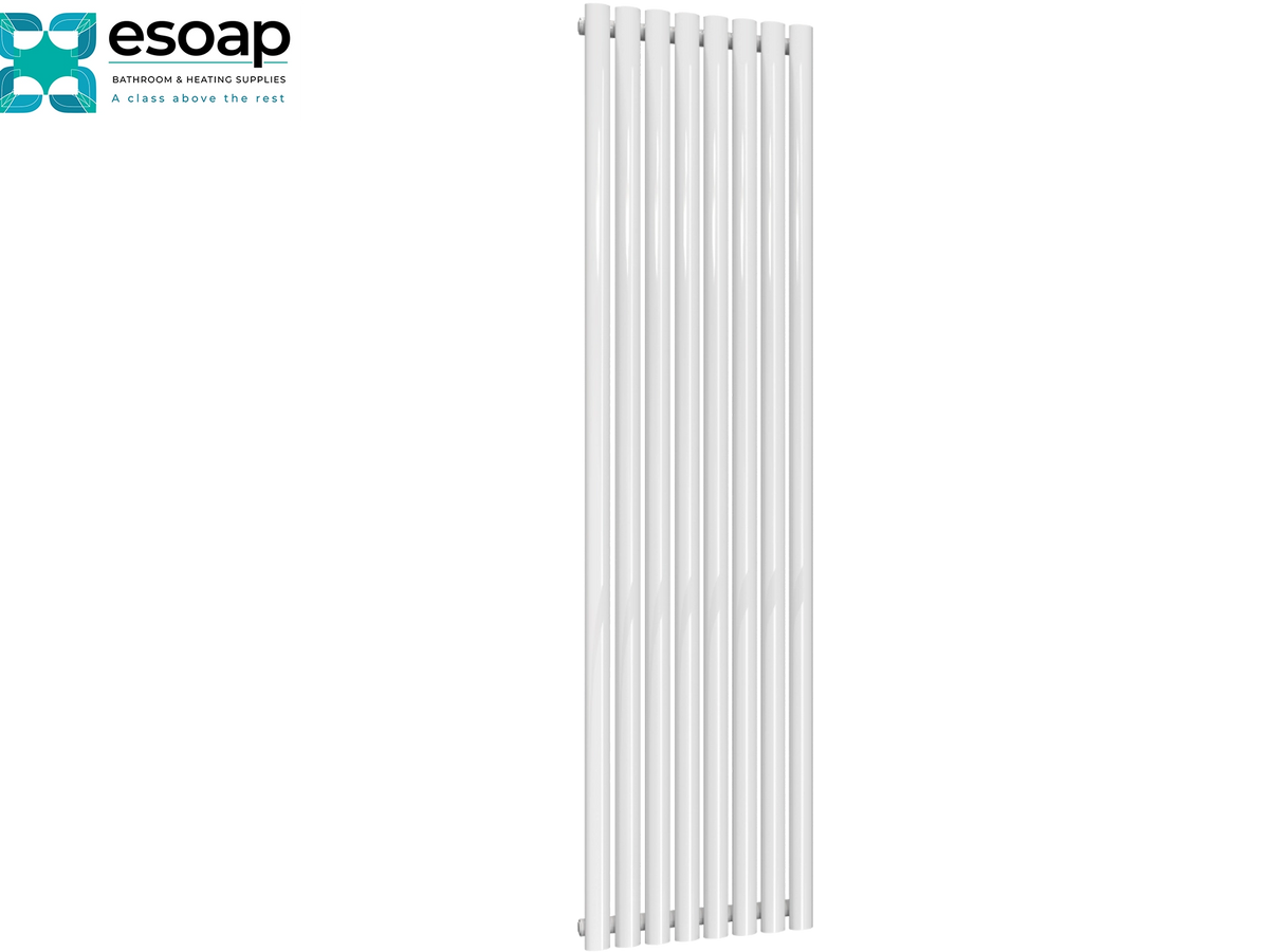 A tall, narrow white panel radiator shown on a plain white background, with the essoap logo in the top-left corner Reina Neva Vertical Single 1800x472 White Designer Radiator