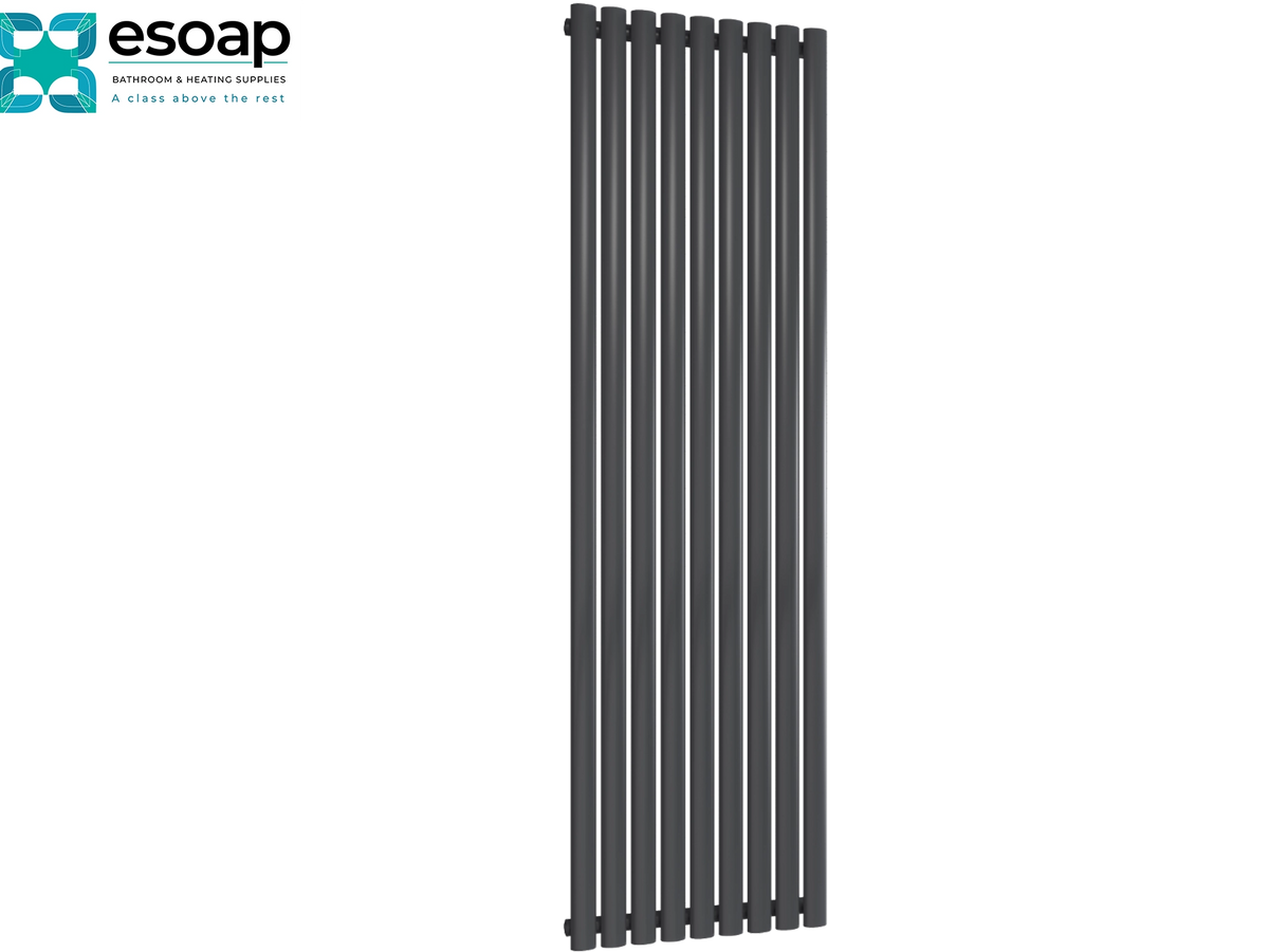 A tall, modern multi-bar radiator in matte dark gray, shown vertically against a plain white background with the Esoap brand logo in the top-left cornerReina Neva Vertical Single 1800x531 Anthracite Designer Radiator 
