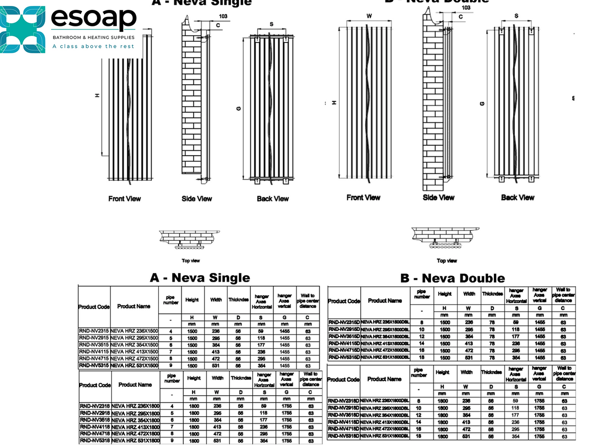 A technical specification and dimension chart for the Esoap ENEVA Single and ENEVA Double wall panels, showing front, side, and back views with dimensions, plus a product code table at the bottom Reina Neva Vertical Double Single Designer Radiator