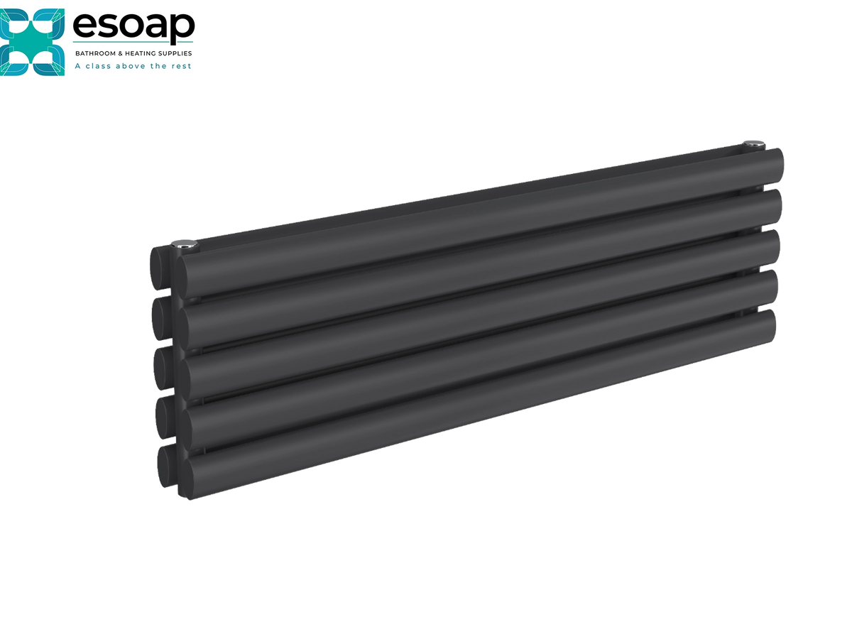 A black multi-panled radiator shown at an angle on a white background, with the esoap brand logo in the top-left corner Reina Nevah Double 295x1000 Anthracite Designer Radiator
