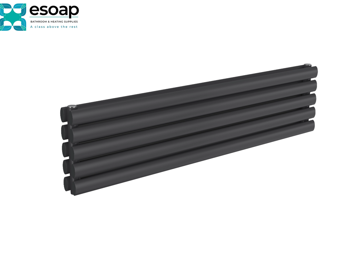 A black multi-panel radiator shown at an angle on a plain white background, with the esoap brand logo in the top-left corner Reina Nevah Double 295x1200 Anthracite Designer Radiator