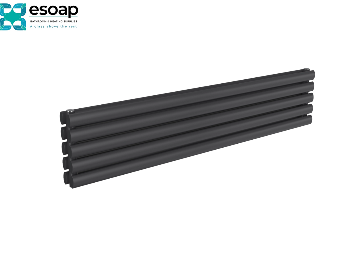 A black multi-rod radiator with six parallel cylindrical tubes, shown at an angle on a plain white background with the esoap brand logo in the top-left corner Reina Nevah Double 295x1400 Anthracite Designer Radiator