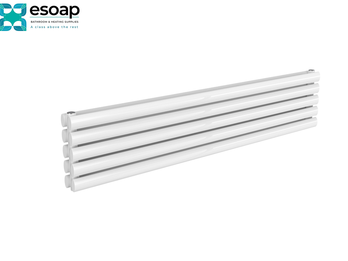 A white multi-bar radiator shown at an angle on a clean white background, with the esoap brand logo in the top-left corner Reina Nevah Double 295x1400 White Designer Radiator