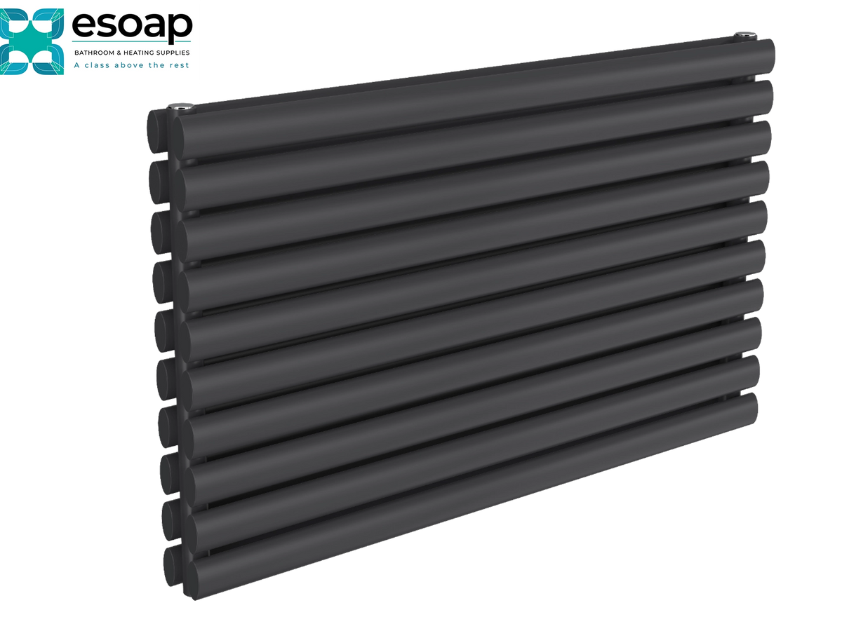 A dark gray multi-panel column radiator shown at an angle on a white background, with the esoap brand logo in the top-left corner Reina Nevah Double 590x1000 Anthracite Designer Radiator