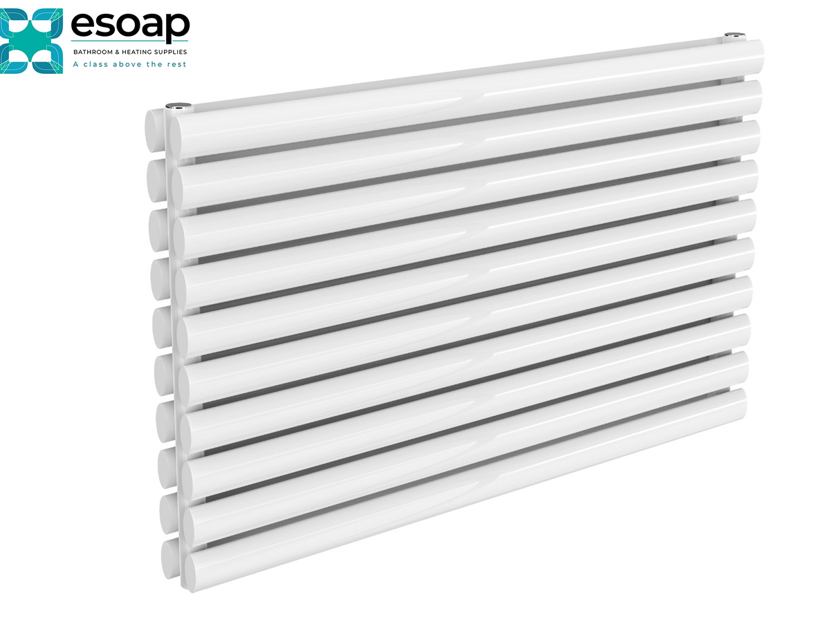 White panel radiators with a modern horizontal design, shown at an angle on a white background with the Esoap logo in the top-left corner.Reina Nevah Double 590x1000 White Designer Radiator