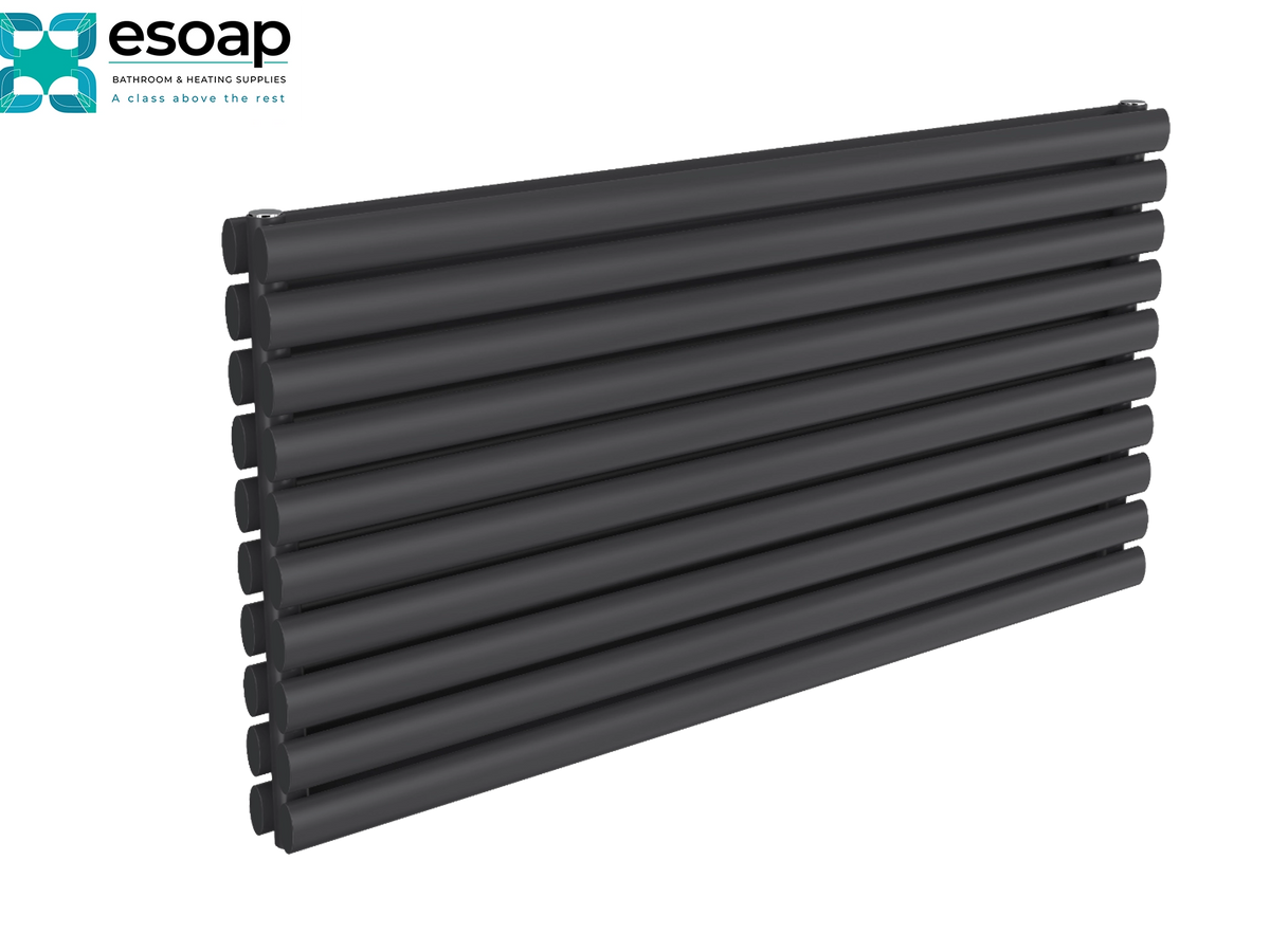 A black rectangular radiating panel radiator shown at an angle on a white background, with the esoap brand logo in the top-left corner Reina Nevah Double 590x1200 Anthracite Designer Radiator