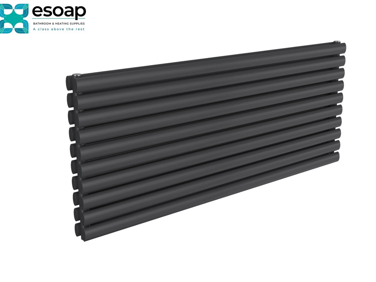 A black multi-pan radiant panel radiator shown at an angle on a white background, with the esoap brand logo in the top-left corner Reina Nevah Double 590x1400 Anthracite Designer Radiator
