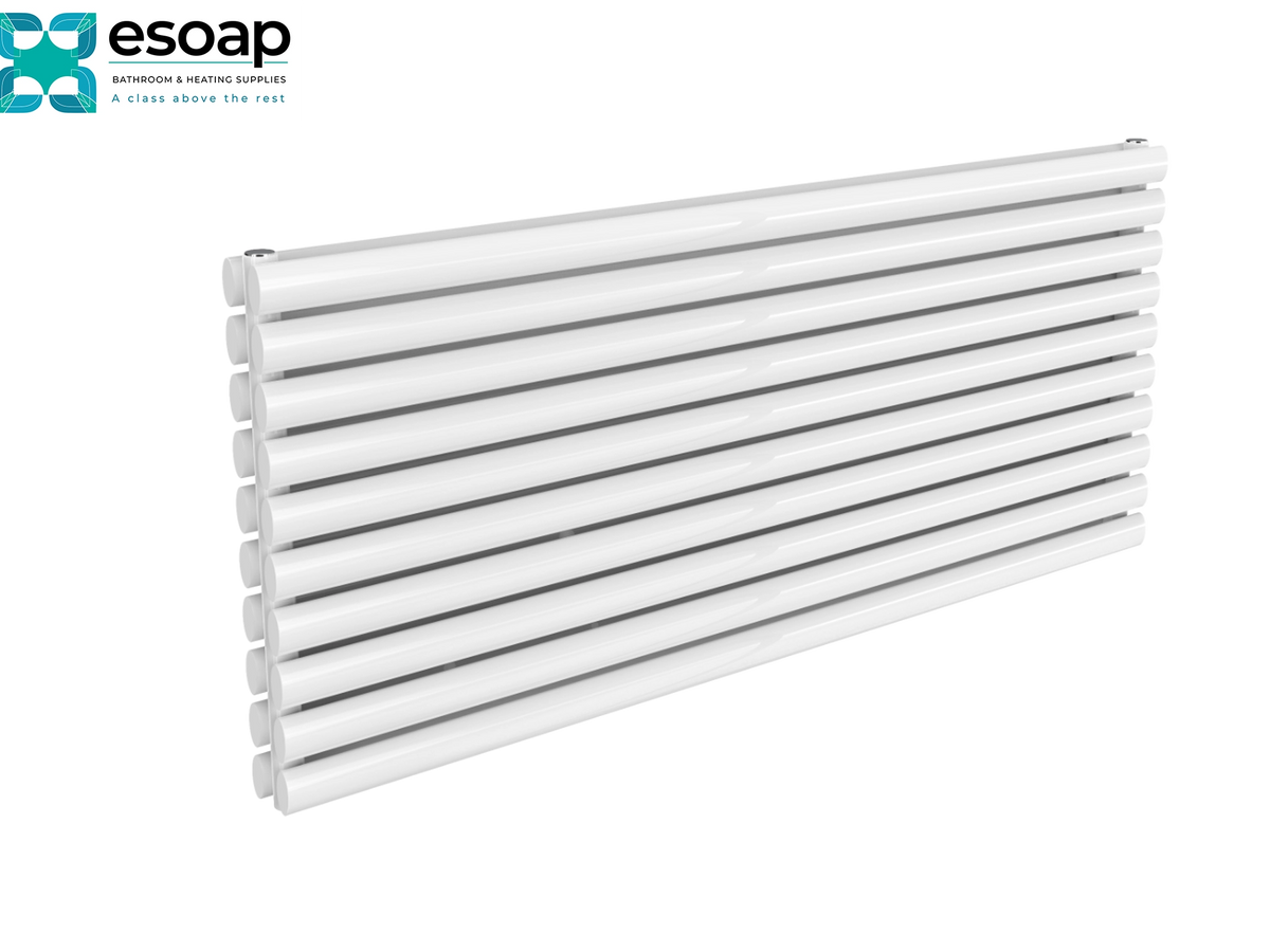A white horizontal multi-bar radiator shown at an angle on a plain white background, with the esoap logo in the top-left corner Reina Nevah Double 590x1400 White Designer Radiator
