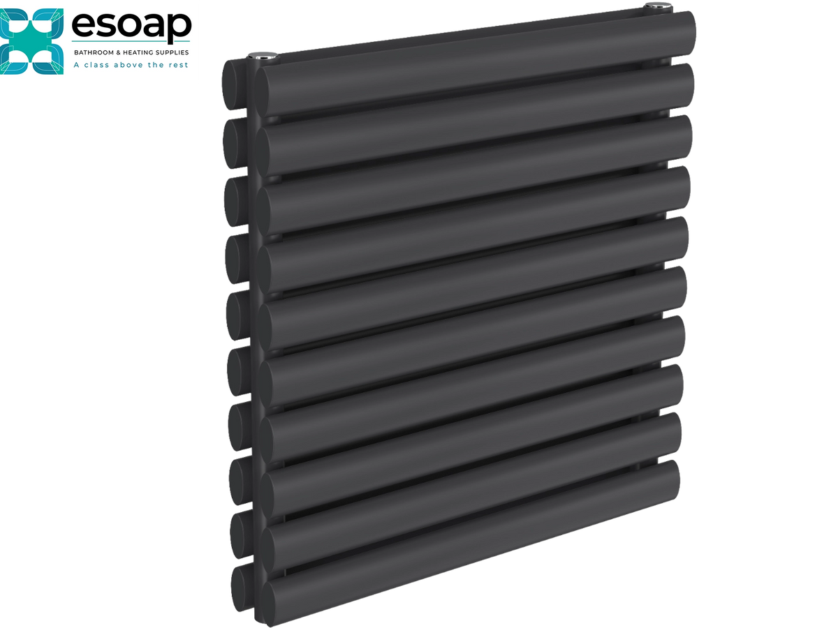 Reina Nevah Double 590x600 Anthracite Designer Radiator featuring esoap logo
