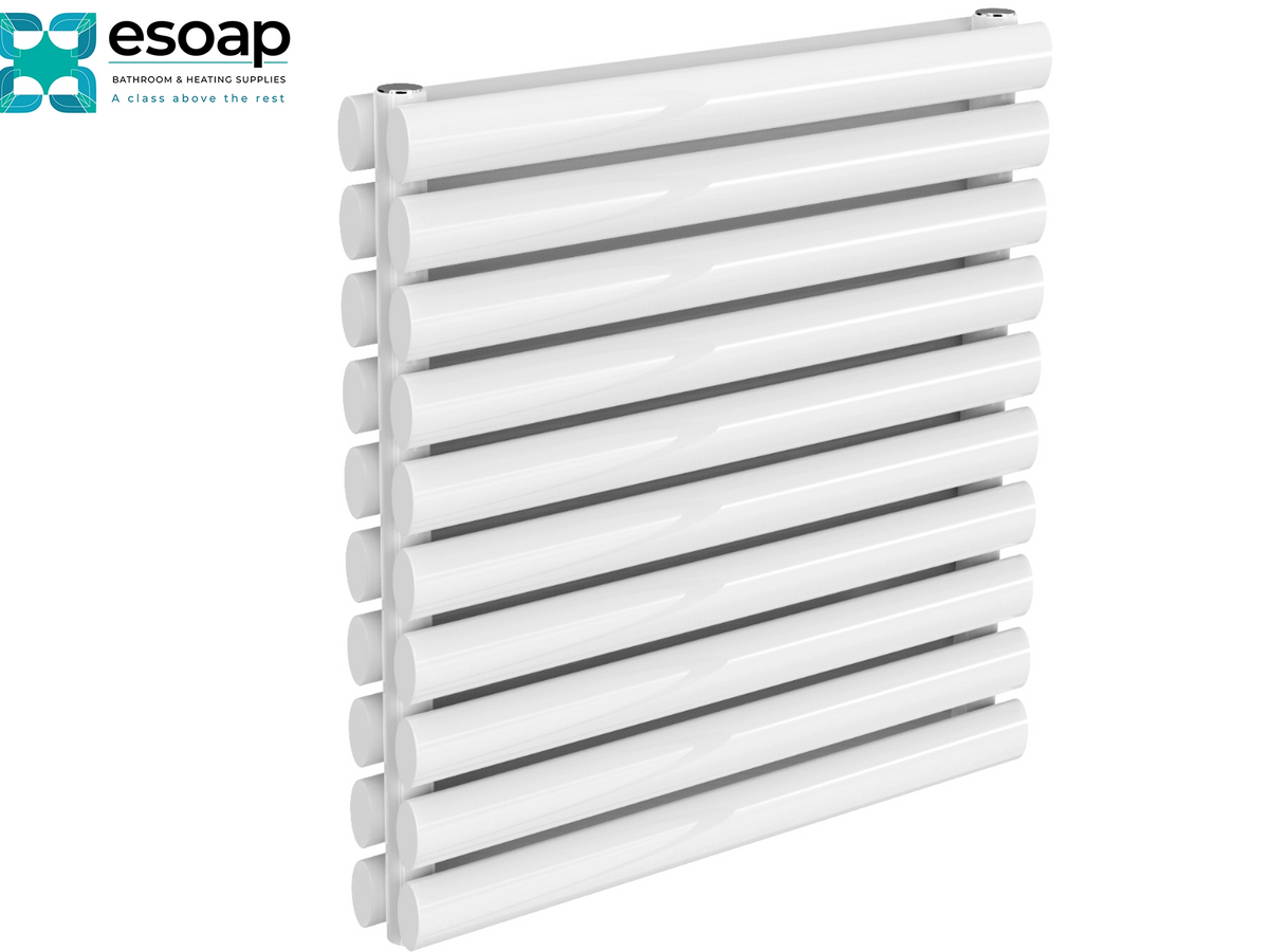 A white slatted panel radiator or heater shown at an angle on a clean white background, with the Esoap logo in the top-left corner Reina Nevah Double 590x600 White Designer Radiator