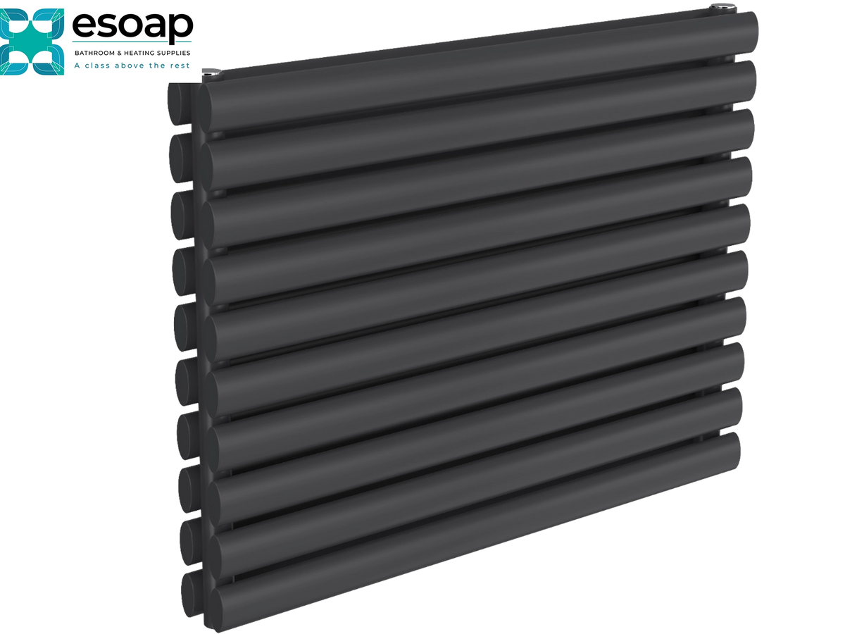 A dark gray multi-channel radiator shown at an angle on a white background, featuring the Esoap brand logo in the top-left corner Reina Nevah Double 590x800 Anthracite Designer Radiator