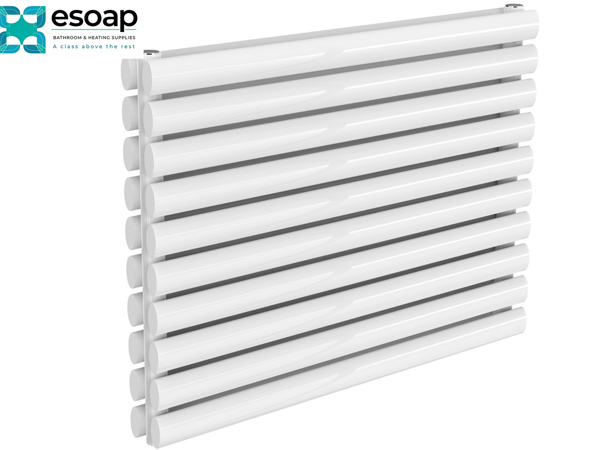 A white modern multi-bar radiator shown at an angle on a white background, with the esoap brand logo in the top-left corner Reina Nevah Double 590x800 White Designer Radiator