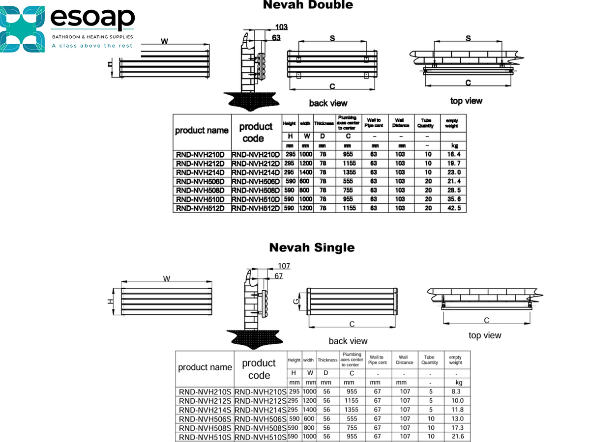 Technical specification and measurement chart for Esoap Nevah Double and Nevah Single dishwashers, showing dimensioned line drawings, cross-sections, and product data tables Reina Nevah Double single Designer Radiator
