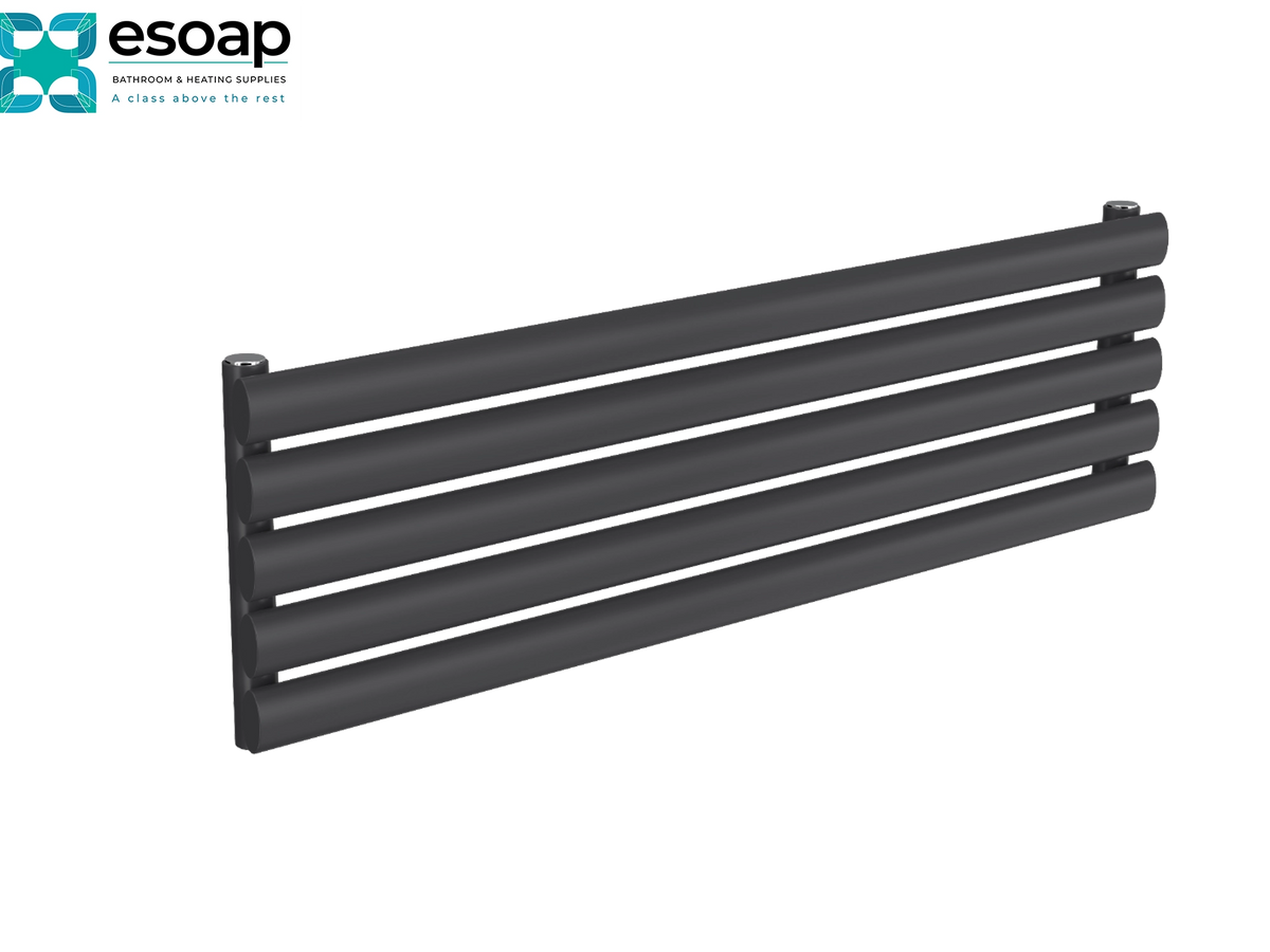 A dark charcoal gray multi-bar towel rail shown at an angle on a white background, featuring the Esoap brand logo in the top-left corner Reina Nevah Single 295x1000 Anthracite Designer Radiator