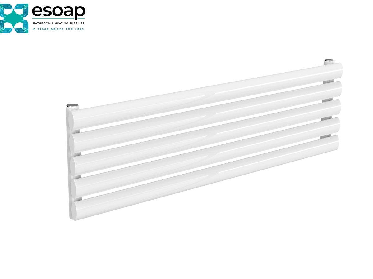 A white multi-bar radiator or heated towel rail shown at an angle on a plain white background, with the esoap logo in the top-left corner Reina Nevah Single 295x1000 White Designer Radiator