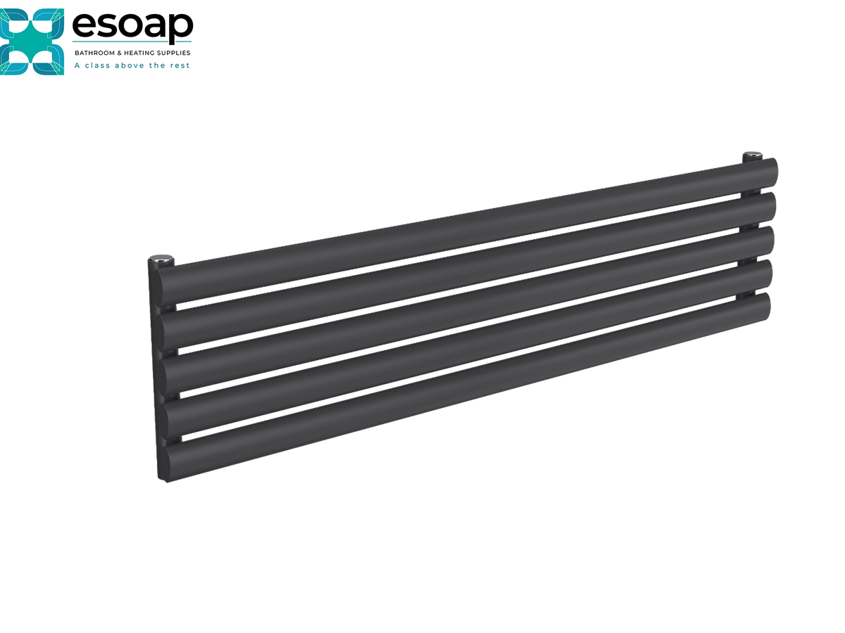 A matte black multi-bar towel radiator by Esoap, shown at an angle on a solid white background with the Esoap brand logo in the top-left corner Reina Nevah Single 295x1200 Anthracite Designer Radiator