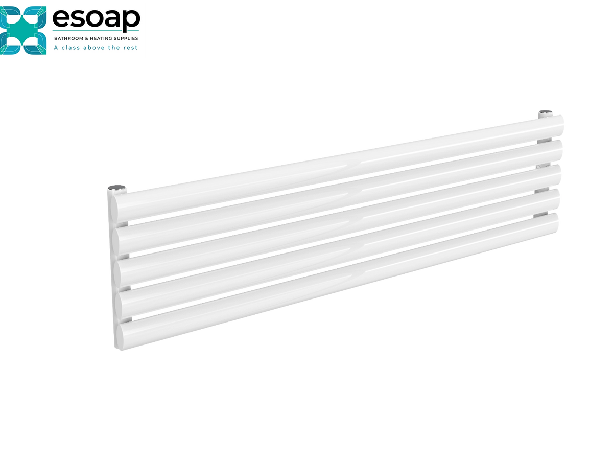 A white multi-bar towel radiator shown at an angle on a clean white background, with the esoap brand logo in the top-left corner Reina Nevah Single 295x1200 White Designer Radiator