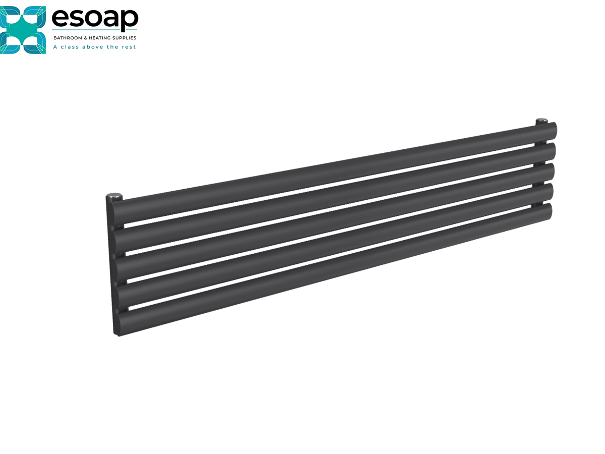 A dark gray multi-bar radiator or towel rail shown at an angle on a white background, with the esoap brand logo in the top-left corner Reina Nevah Single 295x1400 Anthracite Designer Radiator