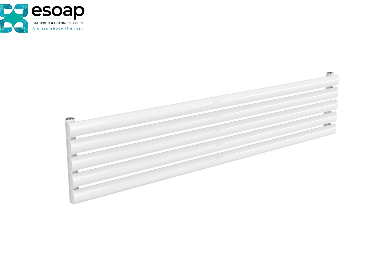 A white multi-bar towel radiator shown at an angle on a clean white background, with the esoap brand logo in the top-left corner Reina Nevah Single 295x1400 White Designer Radiator