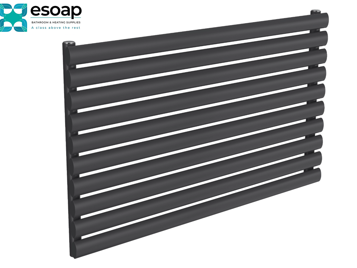 A dark gray horizontal slat radiator or towel rail shown at an angle on a white background, with the Esoap brand logo in the top-left corner Reina Nevah Single 590x1000 Anthracite Designer Radiator