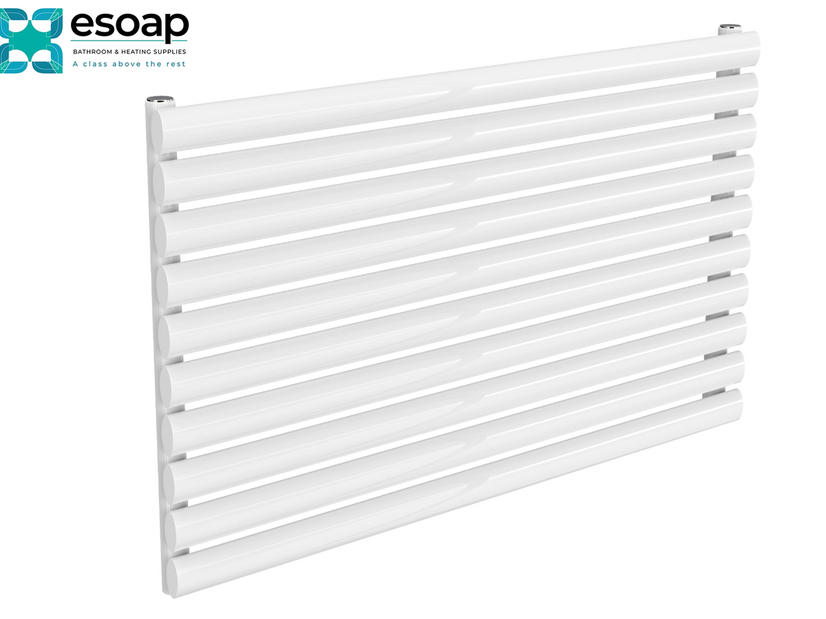White slatted towel radiator with horizontal bars and wall-mounted brackets, shown at an angle on a white background with the essoap logo in the top-left corner.Reina Nevah Single 590x1000 White Designer Radiator