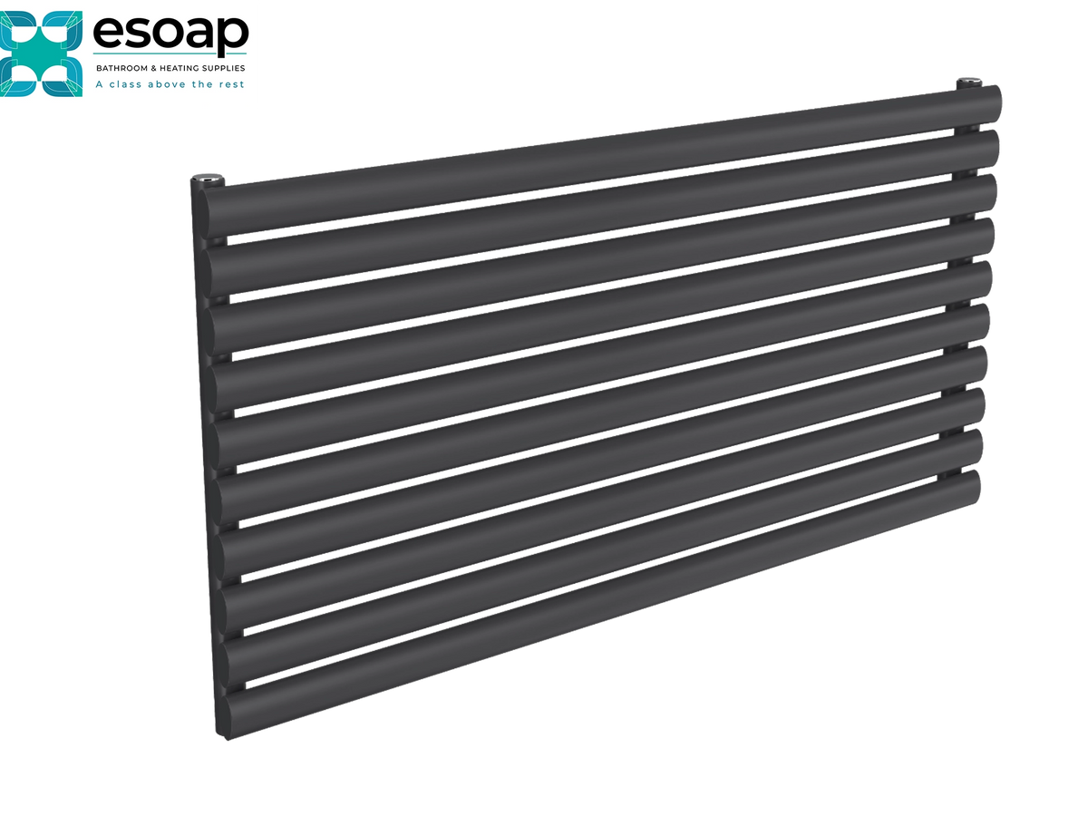 A dark gray horizontal slat radiator or towel rail shown at an angle on a white background, with the essoap logo in the top-left corner Reina Nevah Single 590x1200 Anthracite Designer Radiator