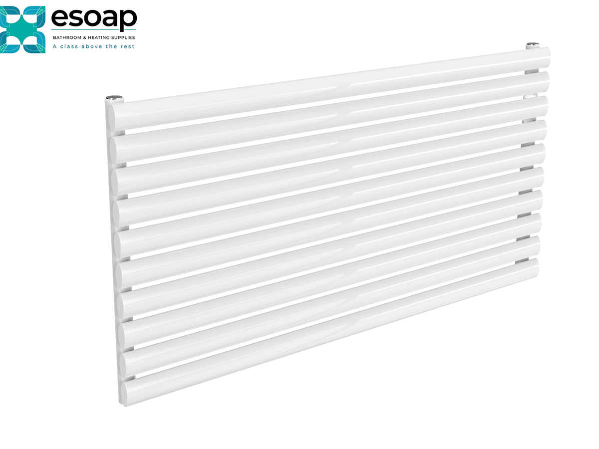 A white slatted towel radiator or heated towel rail shown at an angle on a plain white background, with the Esoap logo in the top-left corner Reina Nevah Single 590x1200 White Designer Radiator