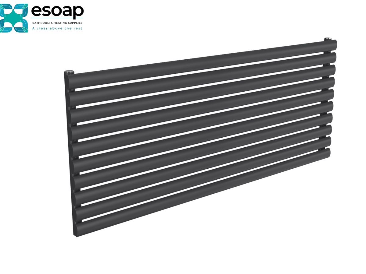 A dark gray horizontal slat radiator or towel rail shown at an angle on a white background, with the esoap logo in the top-left corner Reina Nevah Single 590x1400 Anthracite Designer Radiator
