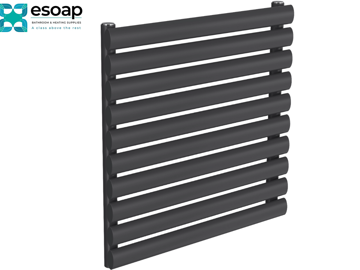 A dark gray wall-mounted radiator with horizontal bars, shown at an angle on a white background with the Esoap logo in the top-left corner Reina Nevah Single 590x600 Anthracite Designer Radiator