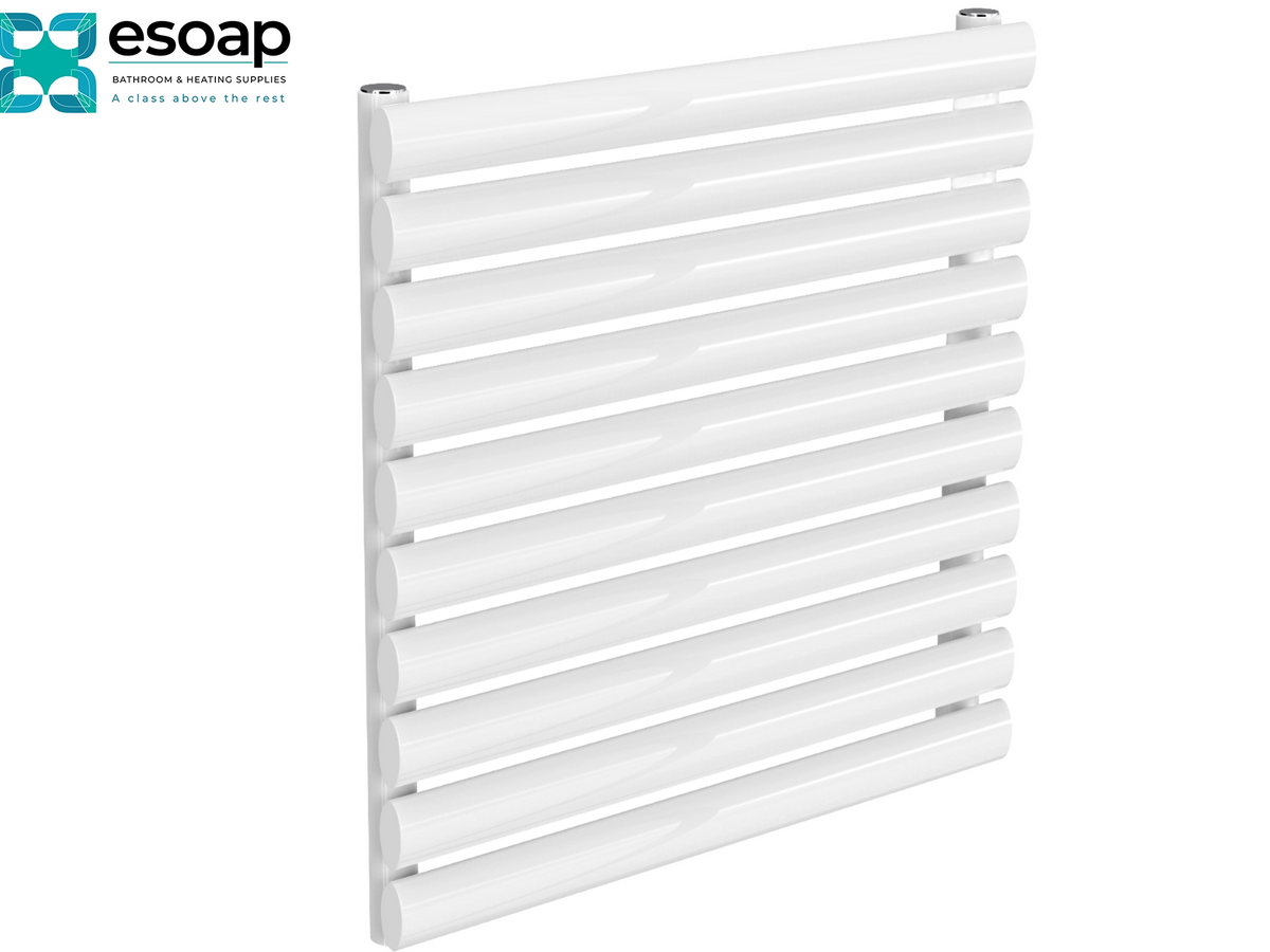 White horizontal bar towel radiator on a white background, with the Esoap logo in the top-left corner Reina Nevah Single 590x600 White Designer Radiator